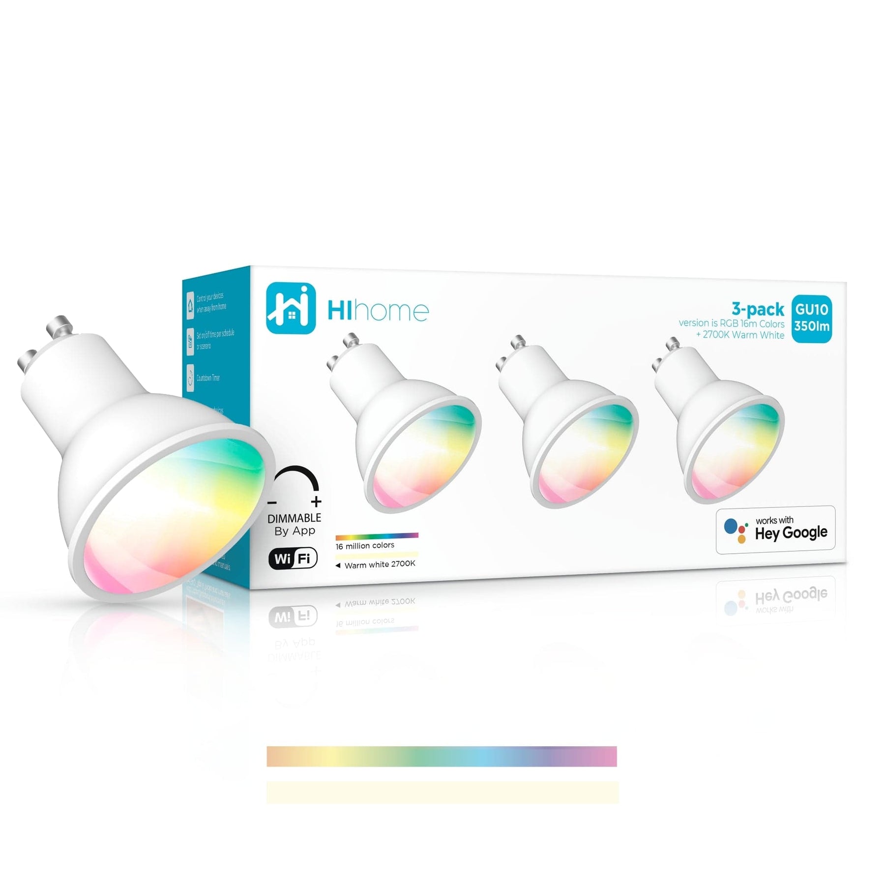 Hihome 3-pack Hihome Smart LED WiFi GU10 RGB 16M Farver + Varm hvid 2700K WAL-GU10RGBW 3-pack